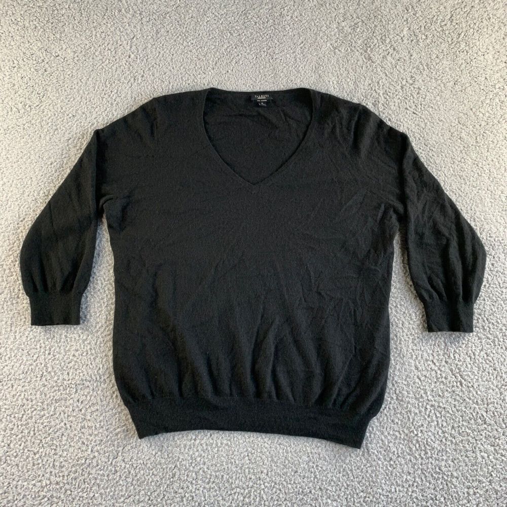 Talbots Sweater Womens Medium Black Pure Cashmere Pullover V Neck 3/4‎ Sleeve